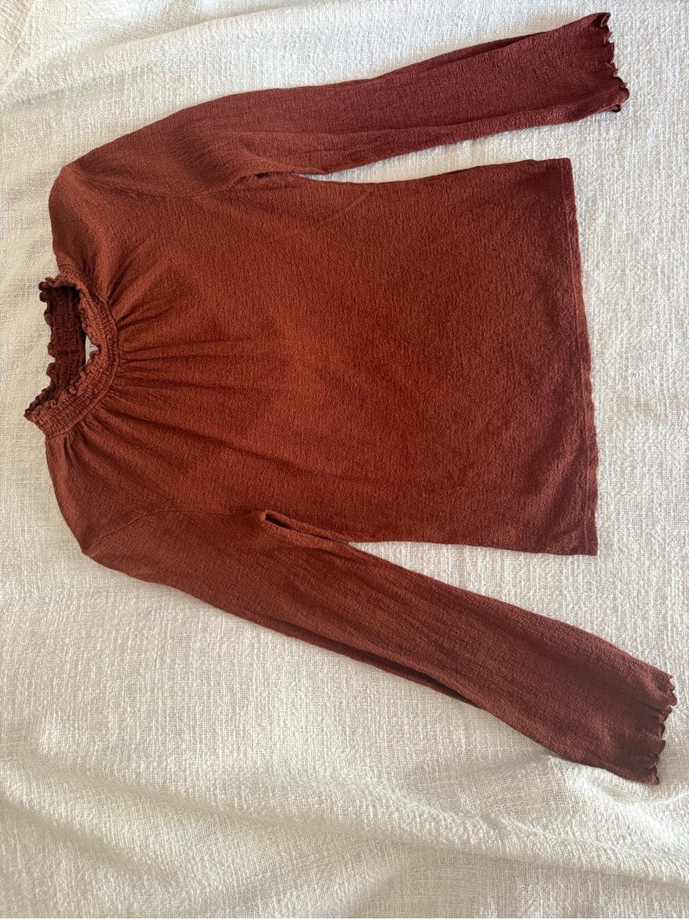 Madewell Rust Ruched Mock Neck Long Sleeve Top